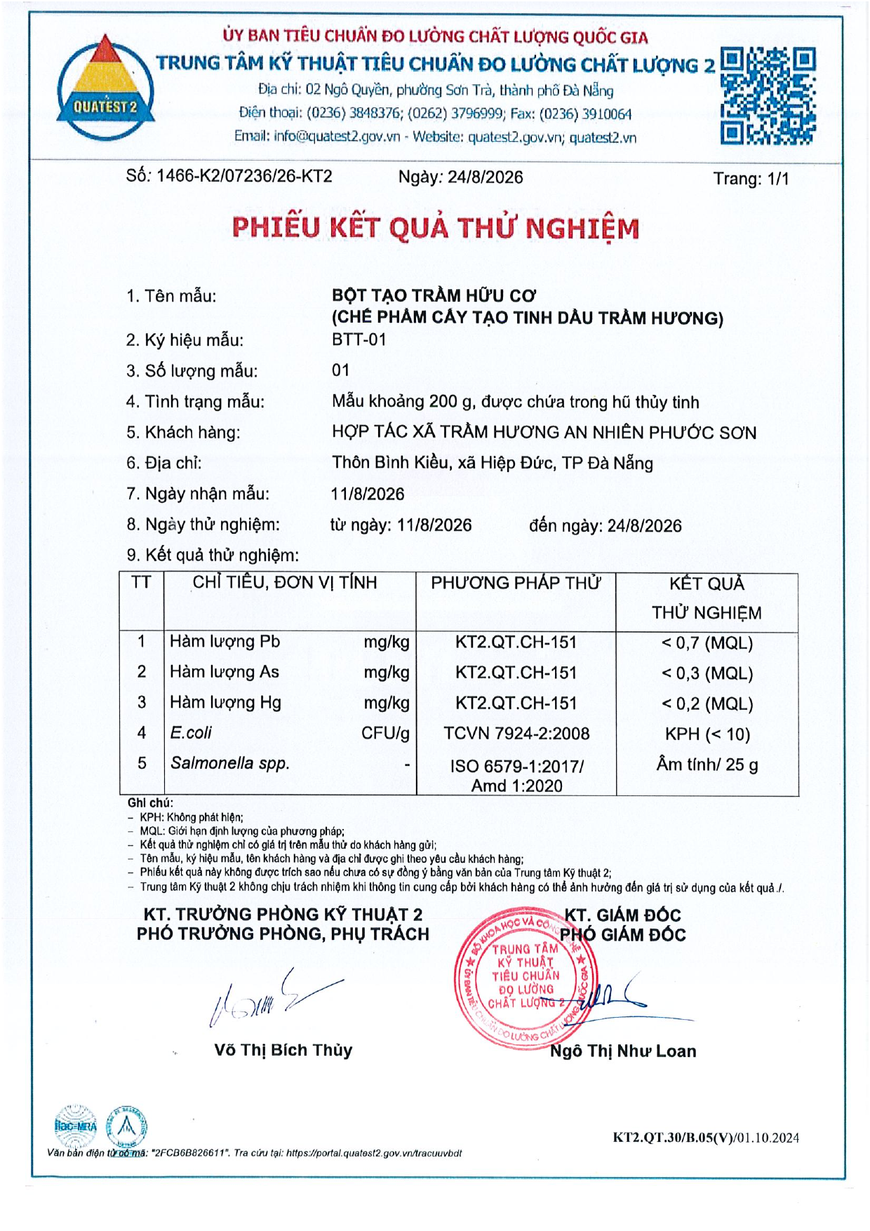 Bản chụp phiếu kết quả thử nghiệm 1466‑K2/07236/26‑KT2