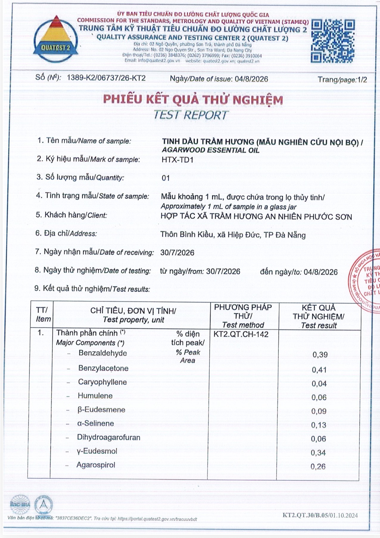 Phiếu kiểm nghiệm QUATEST 2 của HTX Trầm Hương An Nhiên Phước Sơn
